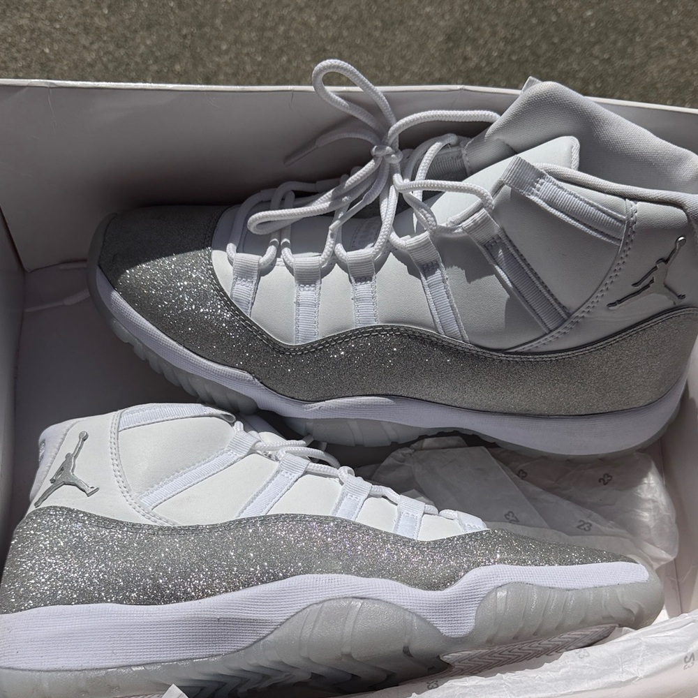 Jordan Sparkle-Trim High-Top Sneakers in White & Silver Glitter